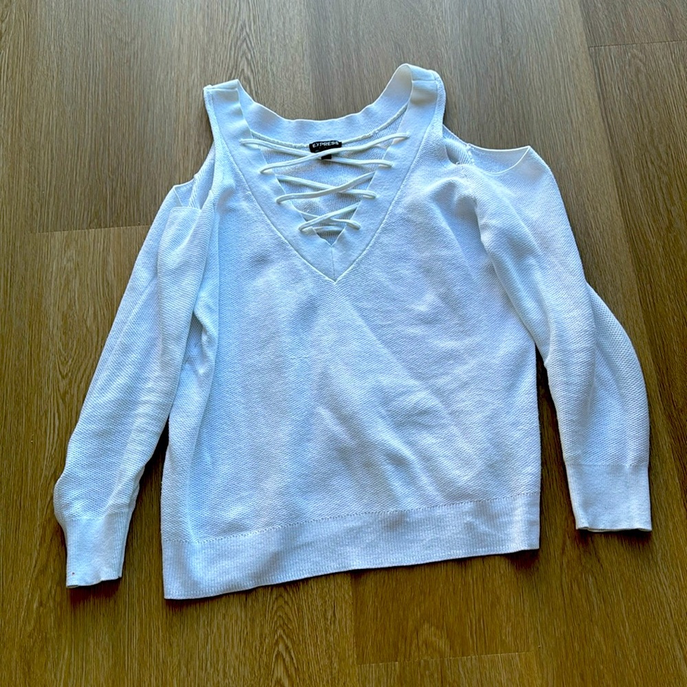 Express open shoulder strappy sweater, size XS